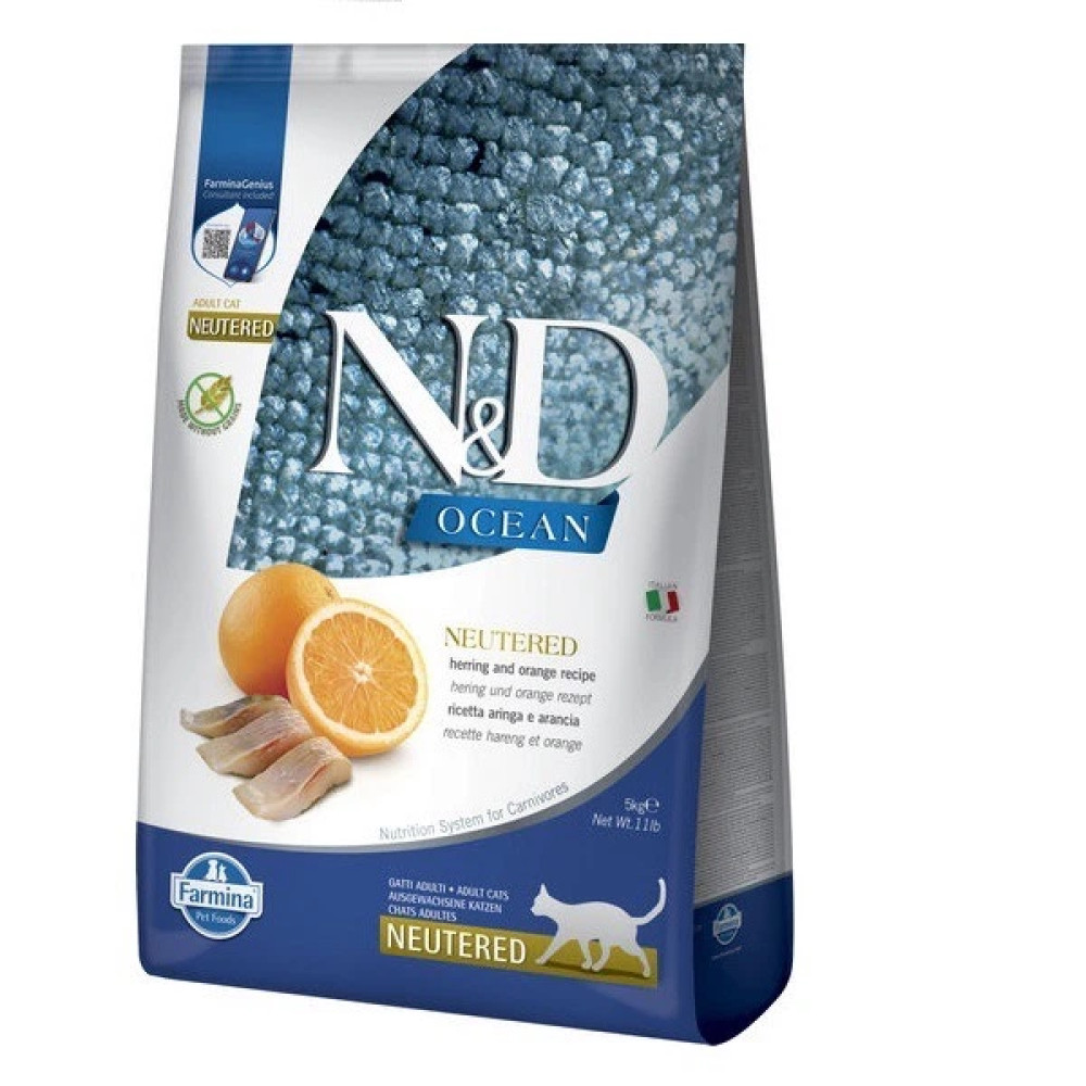 Беззерновий сухий корм Farmina N&D Ocean Herring & Orange Neutered для стерилізованих кішок і кастрованих котів з оселедцем та апельсином