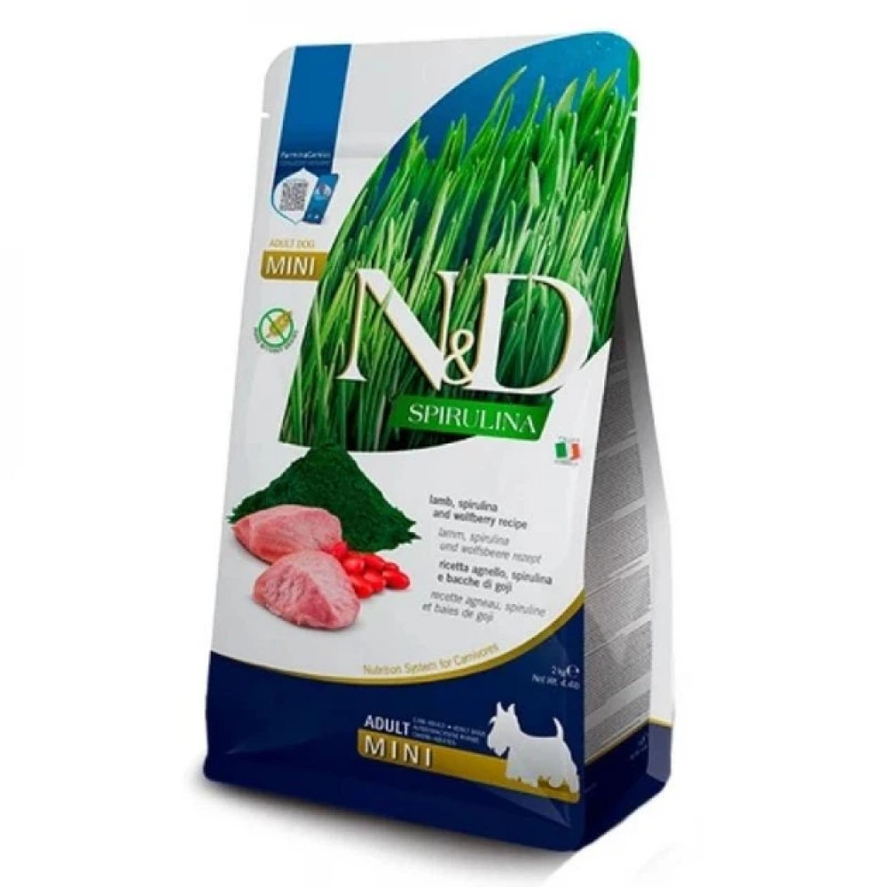 Сухий беззерновий корм Farmina N&D Spirulina для дорослих собак дрібних порід з ягням, спіруліною та ягодами годжі, 2 кг
