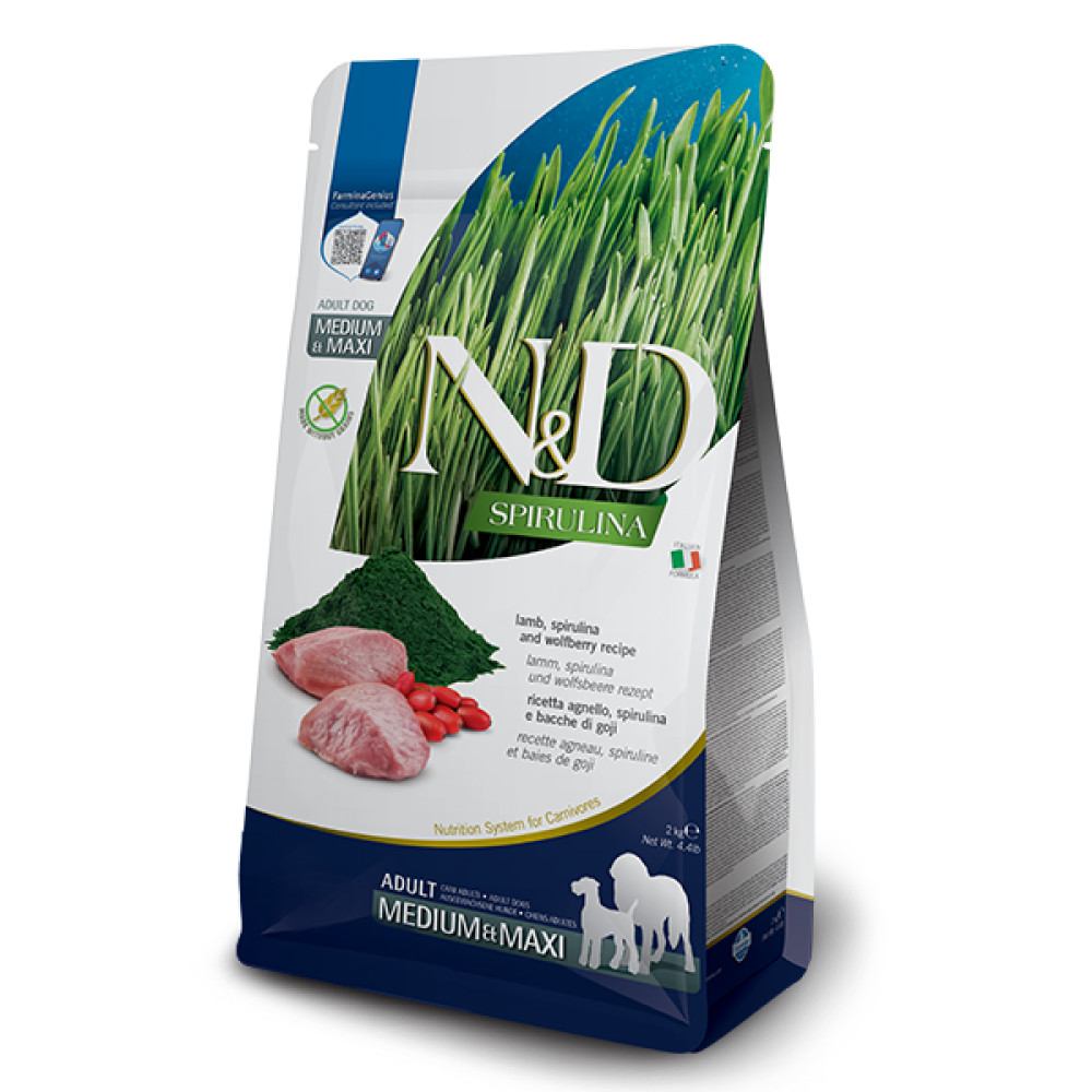 Сухий беззерновий корм Farmina N&D Spirulina для дорослих собак середніх і великих порід з ягням, спіруліною та ягодами годжі, 2 кг