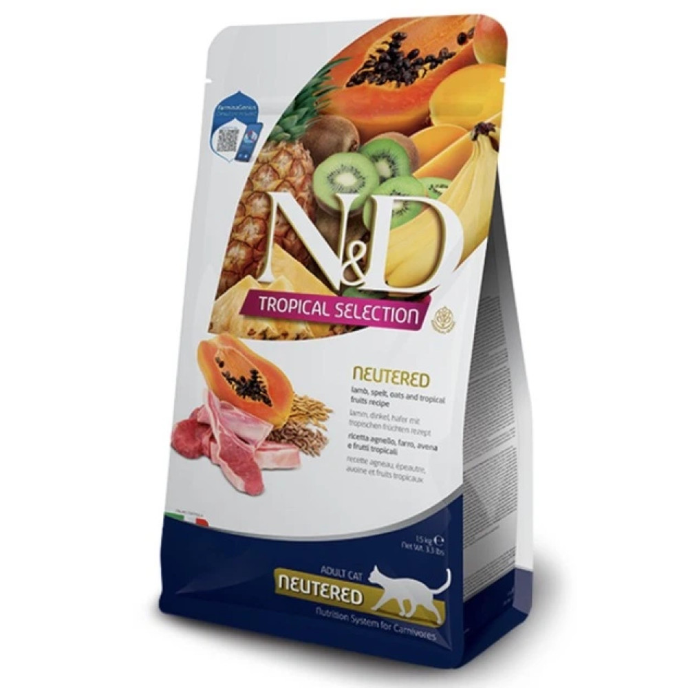 Сухий низькозерновий корм Farmina N&D Tropical Selection для стерилізованих дорослих котів з ягням та тропічними фруктами