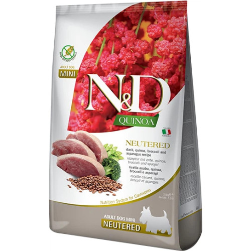 Сухий корм Farmina N&D Quinoa Duck Brocooli&Asparagus Neutered для дорослих стерилызованих собак дрібних порід, качка, кіноа, броколі та спаржа, 7 кг