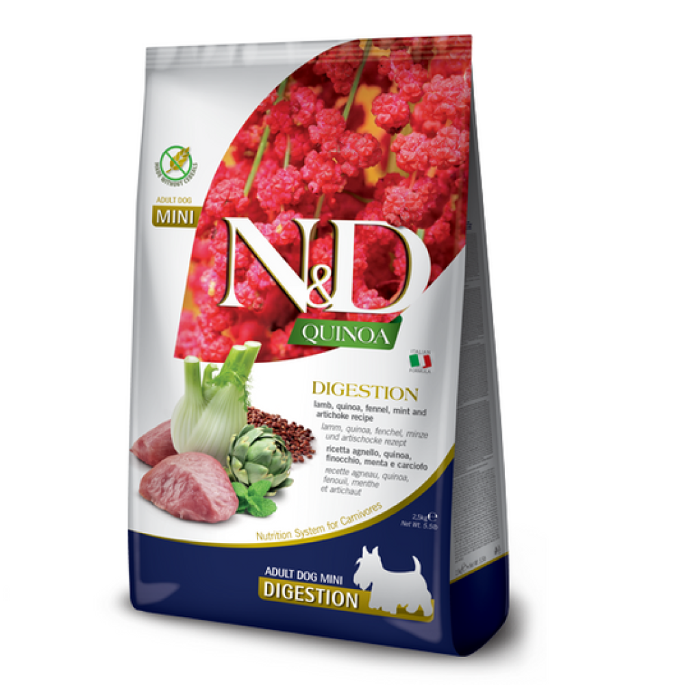 Фарміна дог сух N&D QUINOA DOG DIGESTION, LAMB & FENNEL ADULT MINI дієт. харчування у разі порушень травлення з ягням та кіноа, 2,5 кг 