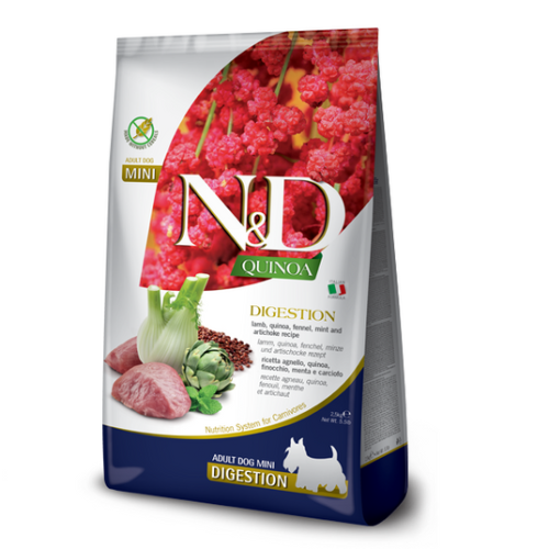 Фарміна дог сух N&D QUINOA DOG DIGESTION, LAMB & FENNEL ADULT MINI дієт. харчування у разі порушень травлення з ягням та кіноа, 2,5 кг 
